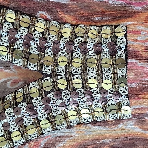 Chico's Sheer Ikat Print Tunic Blouse Sequin Beaded Neckline Size Large - Picture 3 of 9